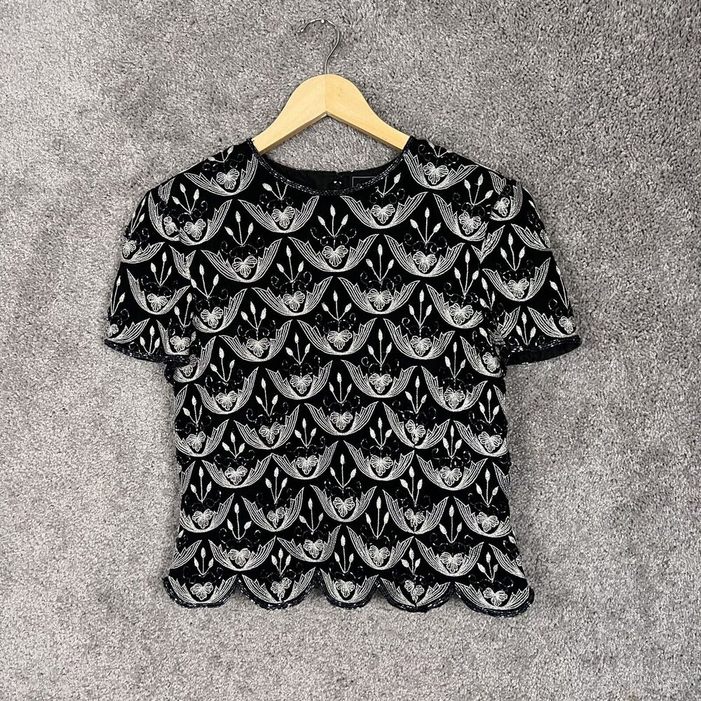 Cote d Azur Shirt Womens Small Black Beaded Silk Party Short Sleeve Scalloped